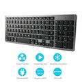 Slim white rechargeable Bluetooth keyboard next to a tablet showing wireless connectivity.