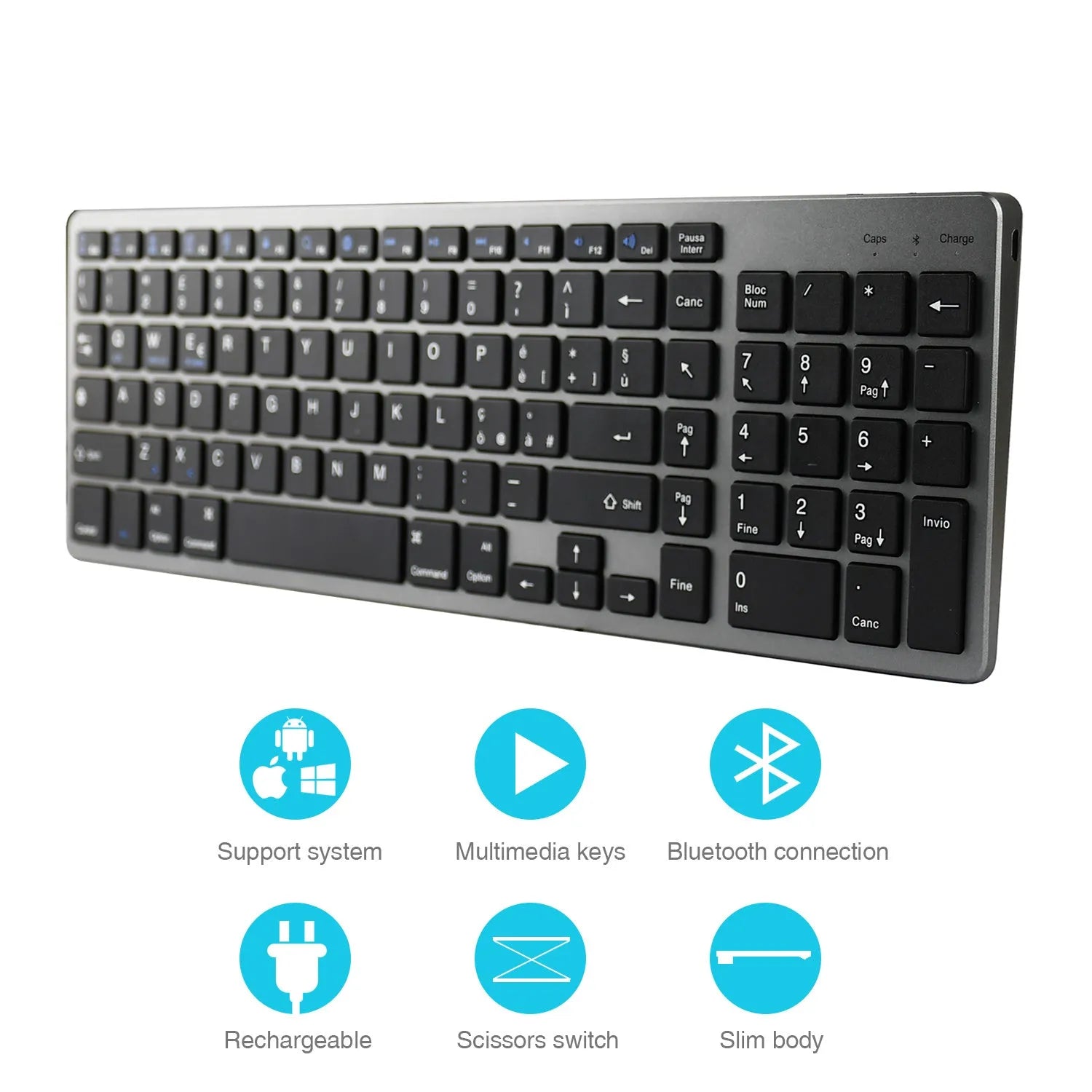 Slim white rechargeable Bluetooth keyboard next to a tablet showing wireless connectivity.