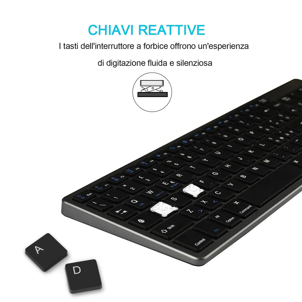 Slim white rechargeable Bluetooth keyboard next to a tablet showing wireless connectivity.