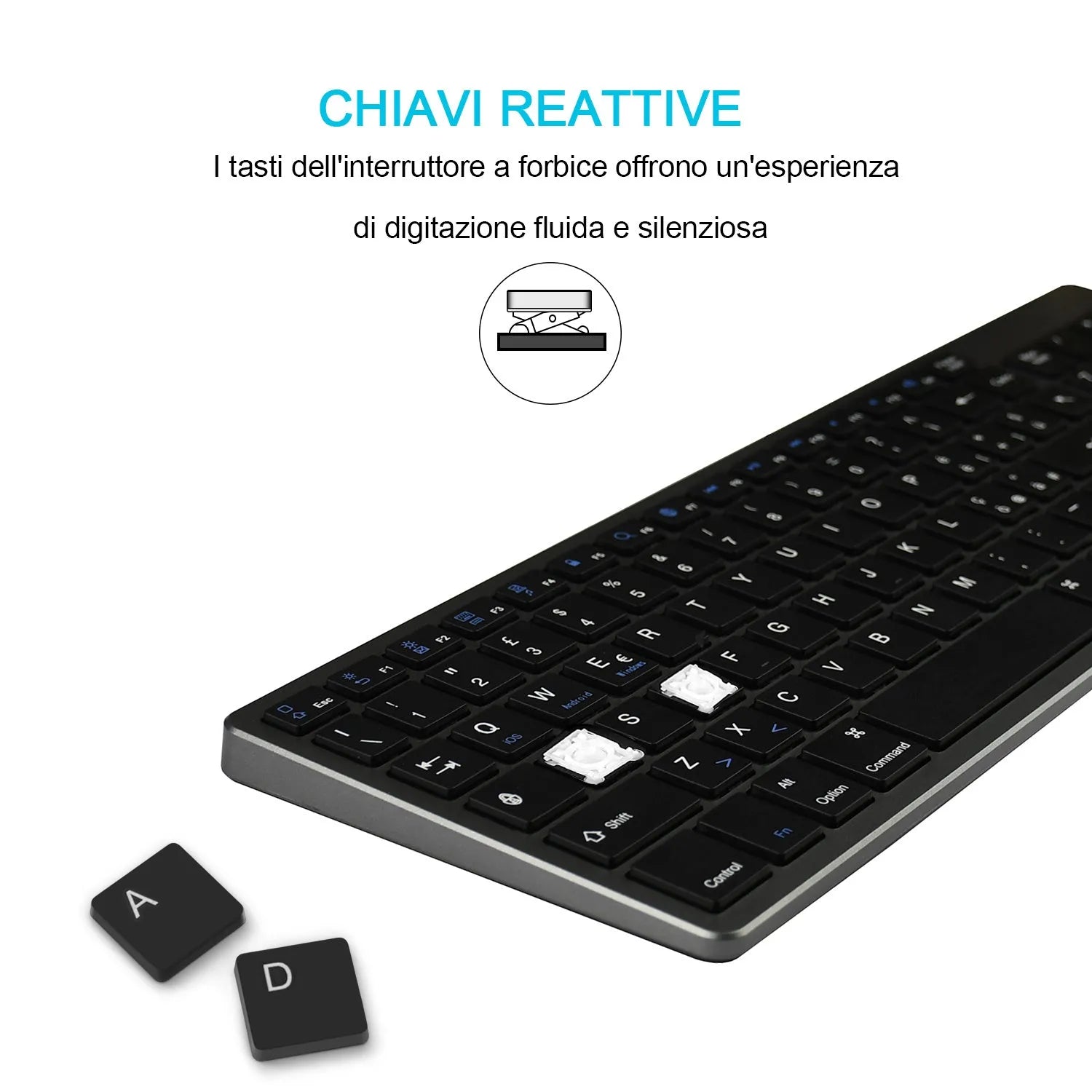 Slim white rechargeable Bluetooth keyboard next to a tablet showing wireless connectivity.