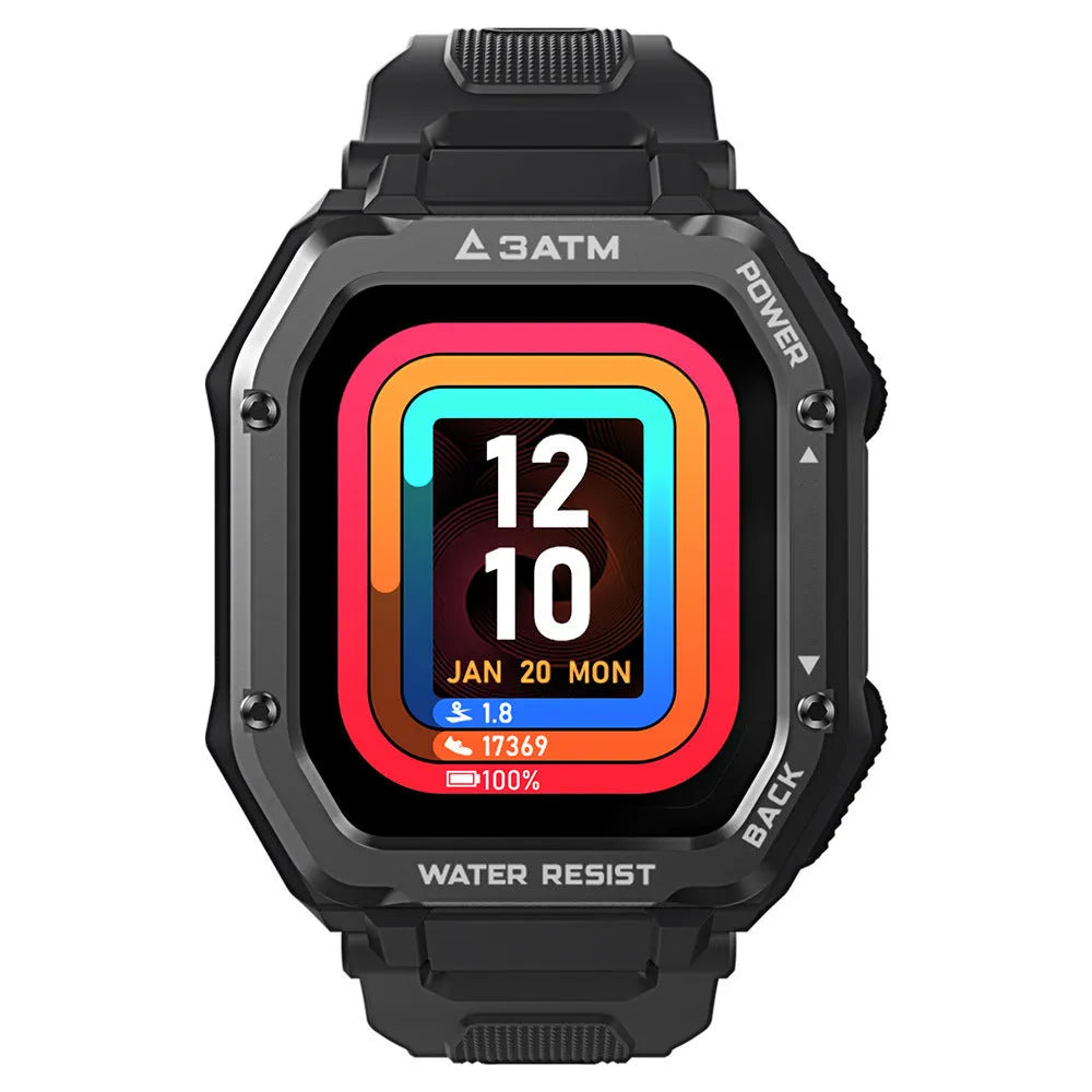 Army green rugged smart watch with 1.69-inch screen displaying activity metrics on silicone wrist strap