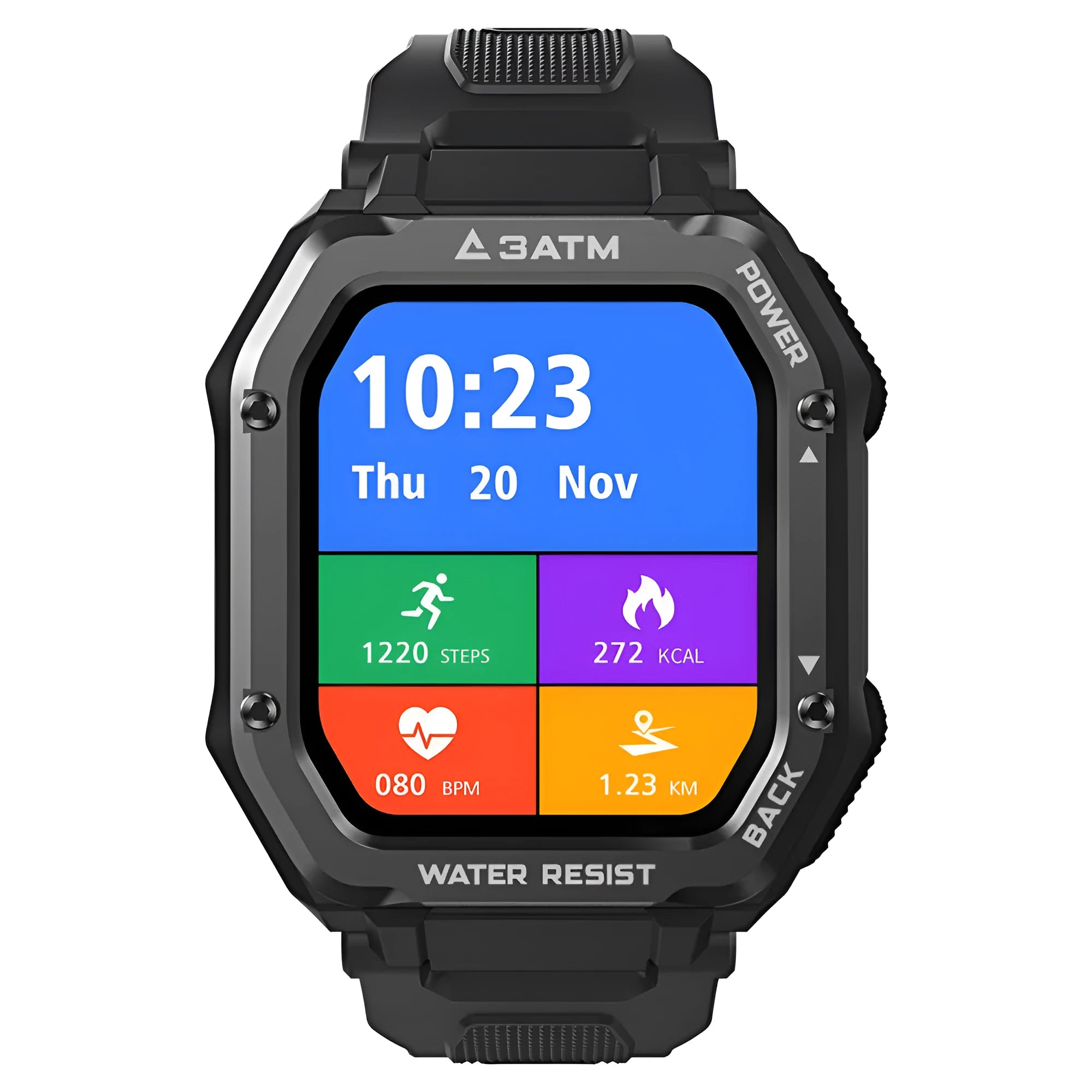 Army green rugged smart watch with 1.69-inch screen displaying activity metrics on silicone wrist strap
