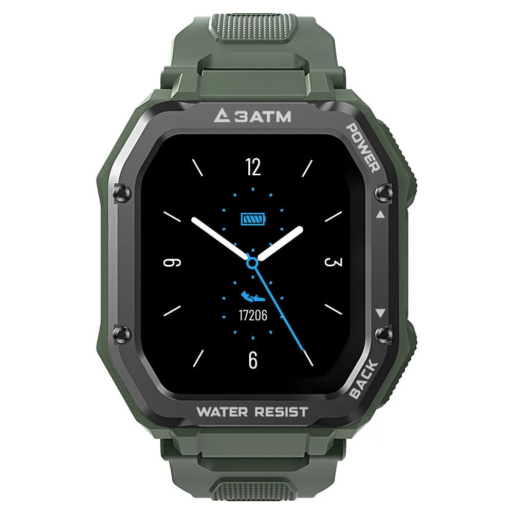 Army green rugged smart watch with 1.69-inch screen displaying activity metrics on silicone wrist strap