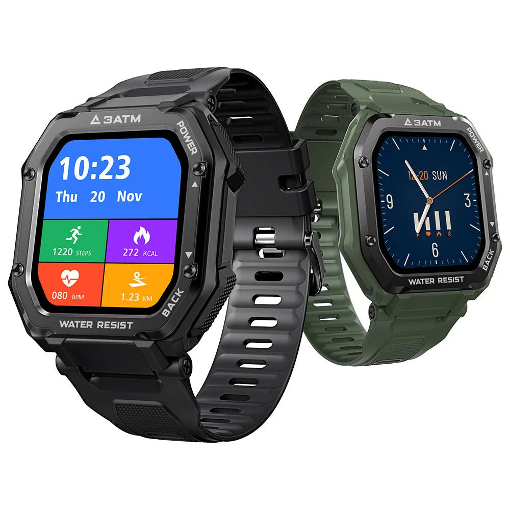Army green rugged smart watch with 1.69-inch screen displaying activity metrics on silicone wrist strap