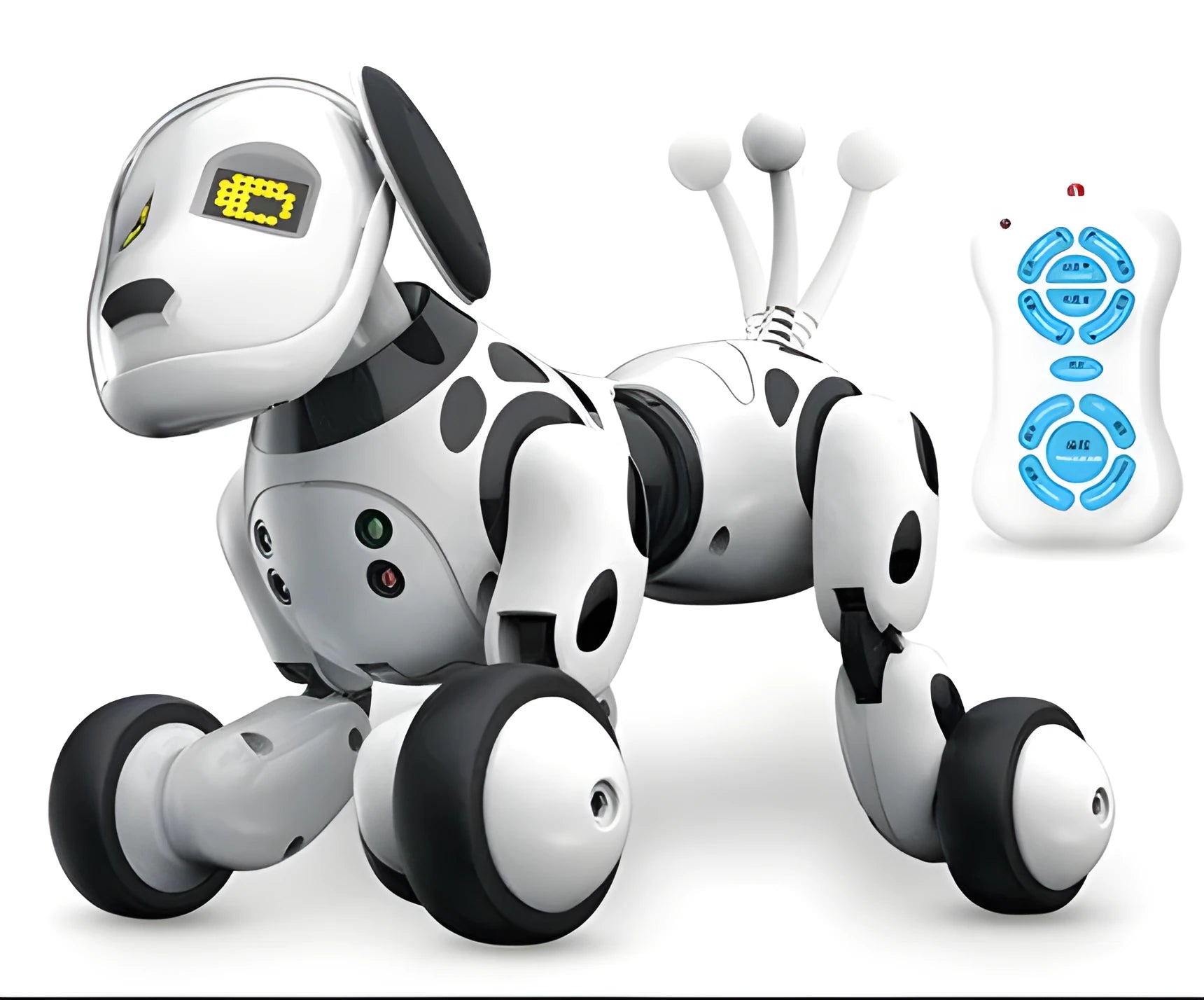 Smart robot dog electronic toy with remote control on a table.