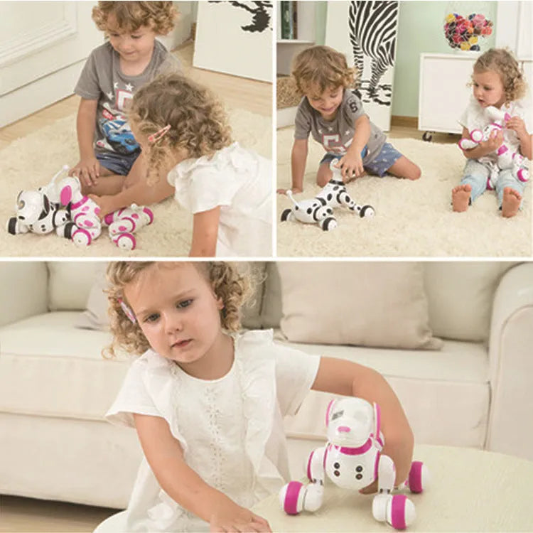 Smart robot dog electronic toy with remote control on a table.