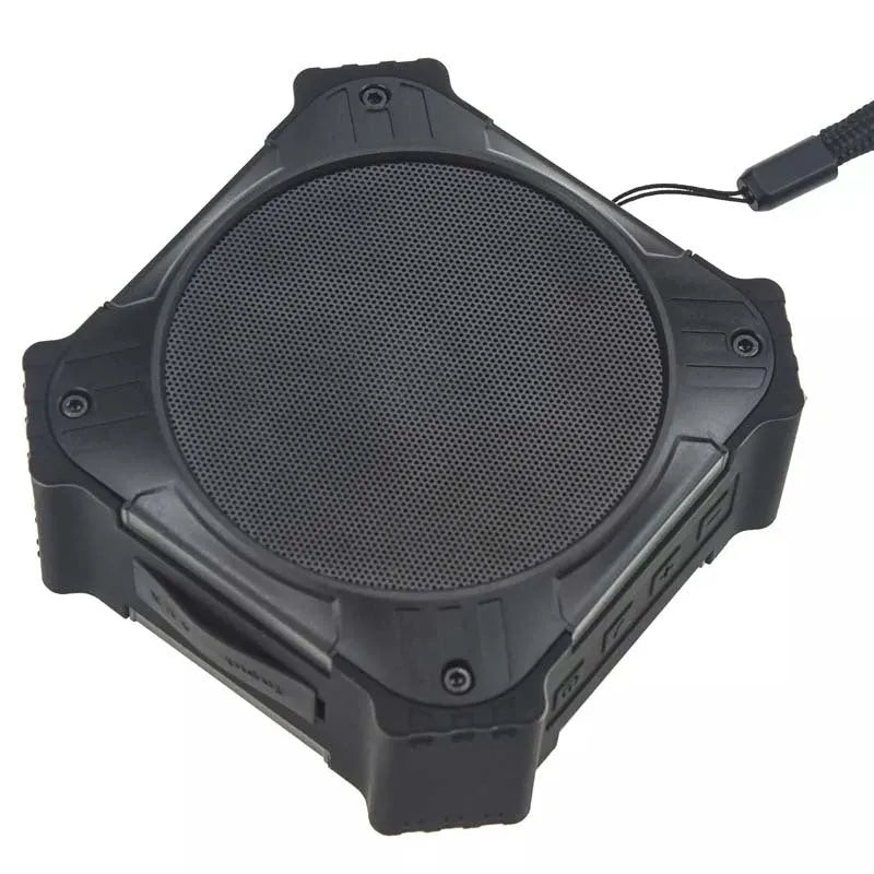 Black or blue waterproof portable Bluetooth speaker with wrist strap showing compact 101mm dimensions