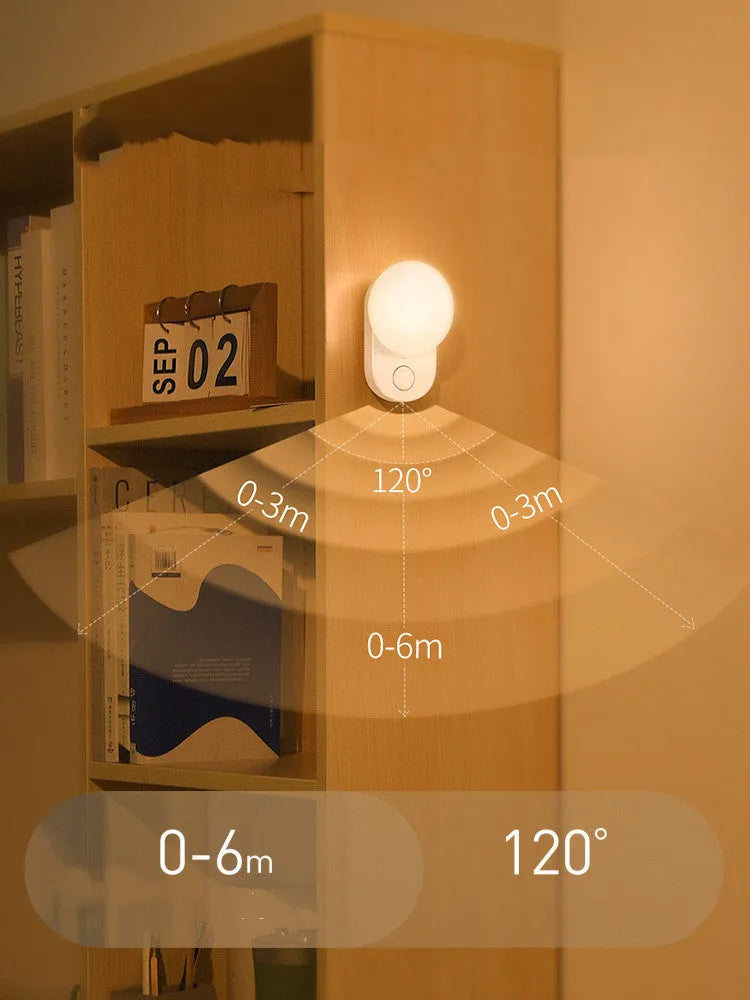 White rechargeable LED night light with motion sensor for bedside use.
