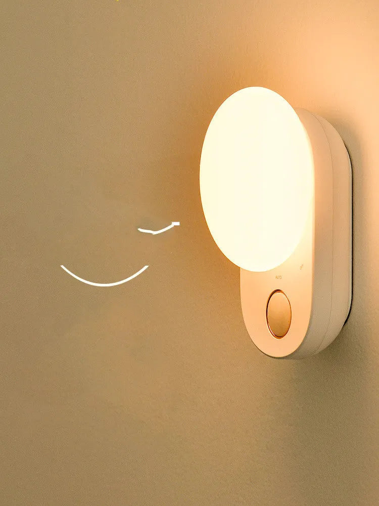 White rechargeable LED night light with motion sensor for bedside use.