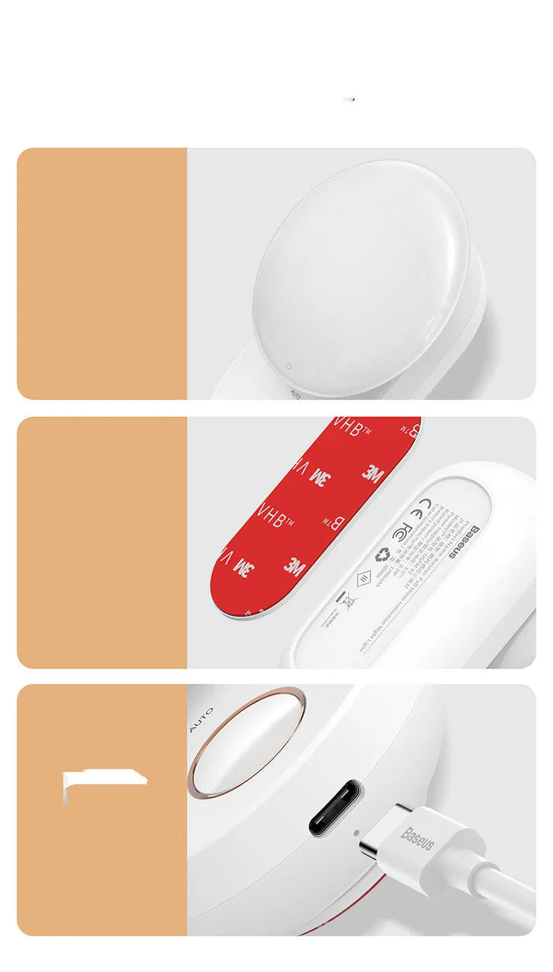 White rechargeable LED night light with motion sensor for bedside use.