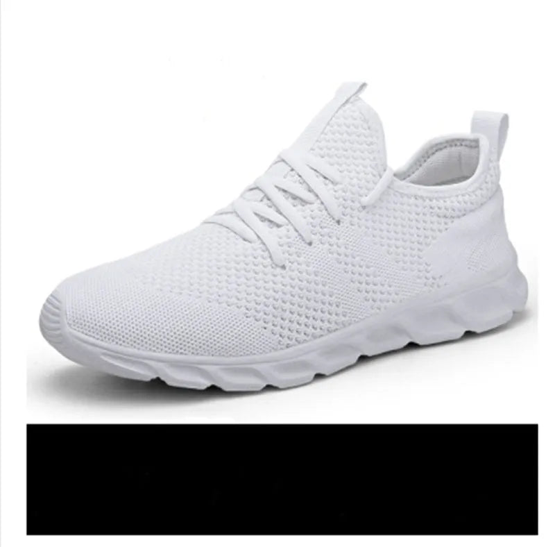 Men's black and white casual sports shoes with mesh upper and round toe design for jogging