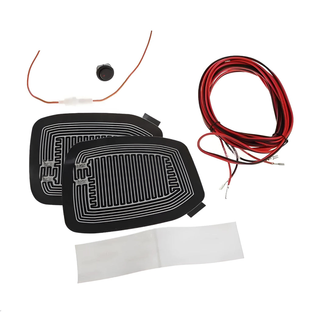 12V car side mirror heated defogger pad set with two black pads, adhesive tape, switch, and cable