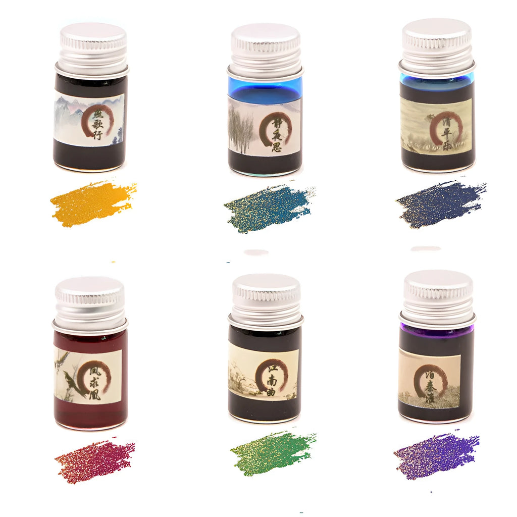 Six bottles of antiquity dipping pen ink in solar term colours with aluminium caps