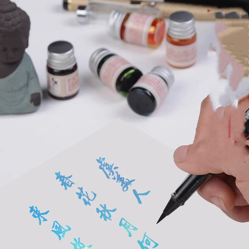 Six bottles of antiquity dipping pen ink in solar term colours with aluminium caps