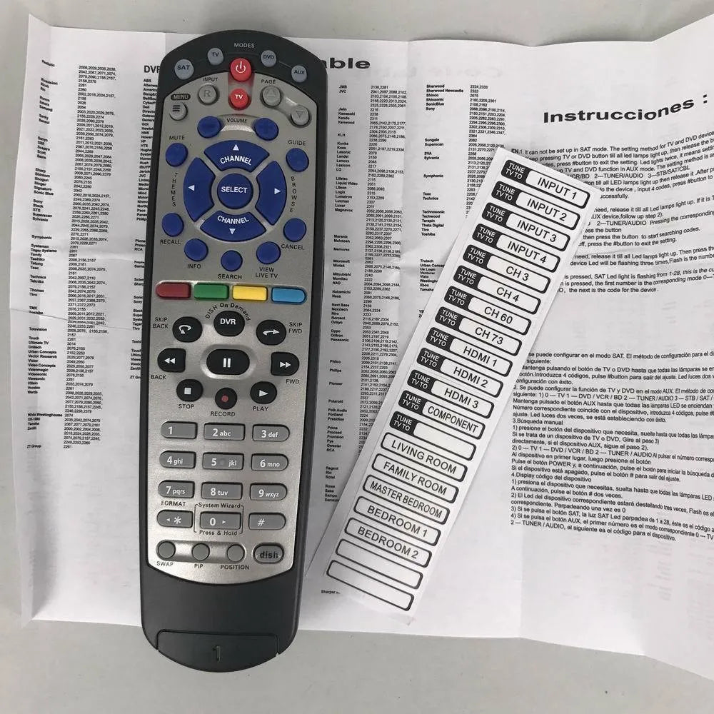 Black universal flat remote control for DISH Network and SAT VIP models, showing full button layout.