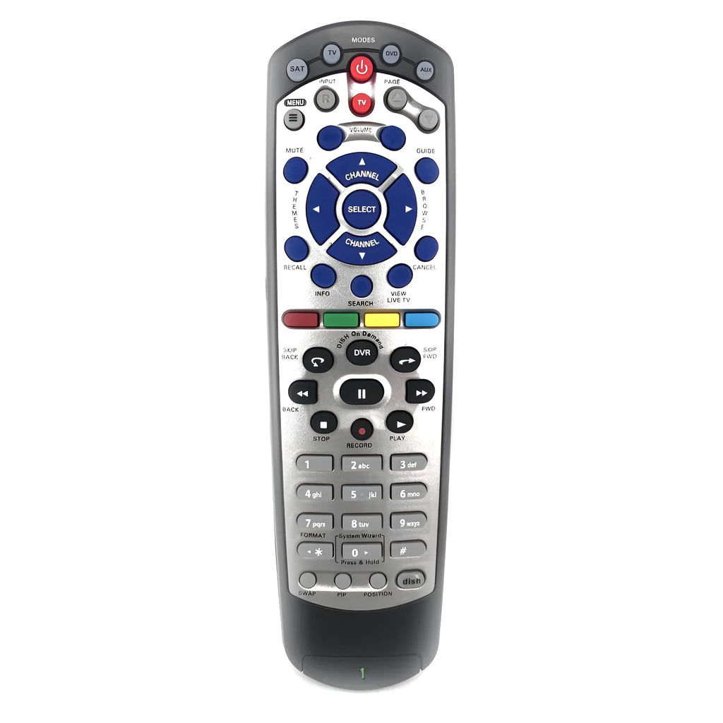 Black universal flat remote control for DISH Network and SAT VIP models, showing full button layout.