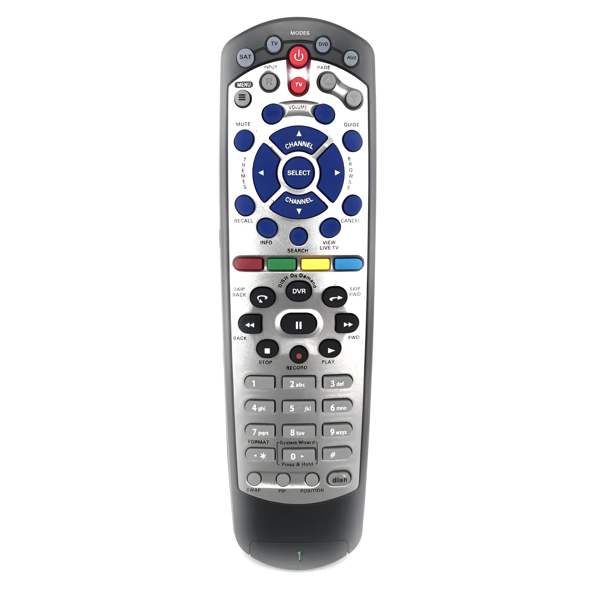 Black universal flat remote control for DISH Network and SAT VIP models, showing full button layout.