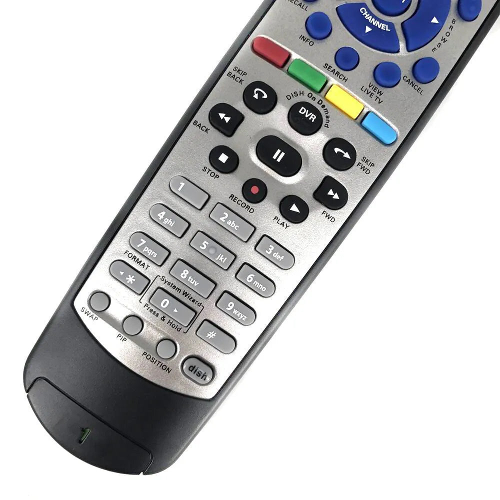 Black universal flat remote control for DISH Network and SAT VIP models, showing full button layout.