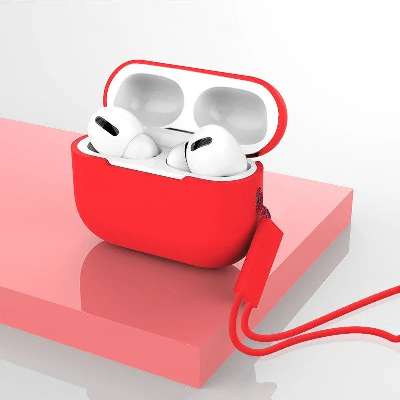AirPods Pro 2 silicone protective case with lanyard in various solid colours showing precise fit and dimensions