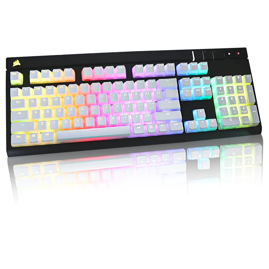 White pudding style mechanical keyboard keycaps with translucent sides and dye sublimation legends