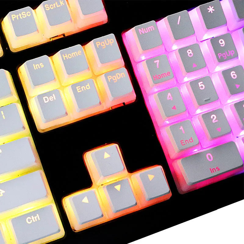 White pudding style mechanical keyboard keycaps with translucent sides and dye sublimation legends