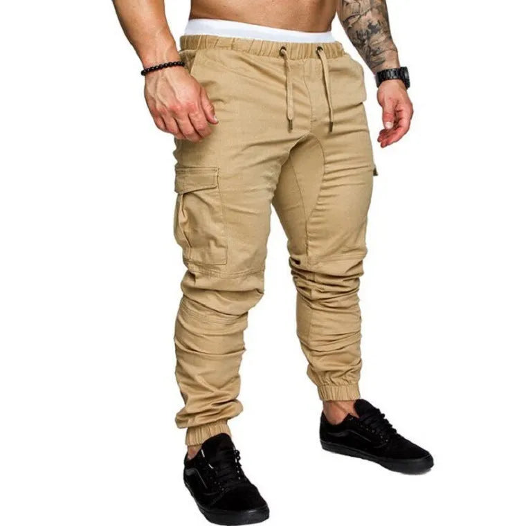 Men's woven fabric casual drawstring trousers in khaki, loose fit with pocket decoration, plain pattern