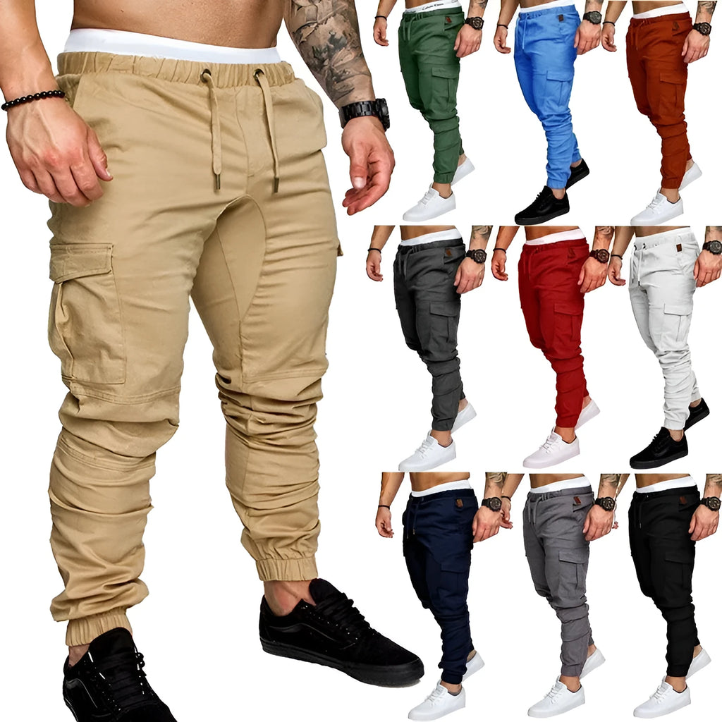Men's woven fabric casual drawstring trousers in khaki, loose fit with pocket decoration, plain pattern