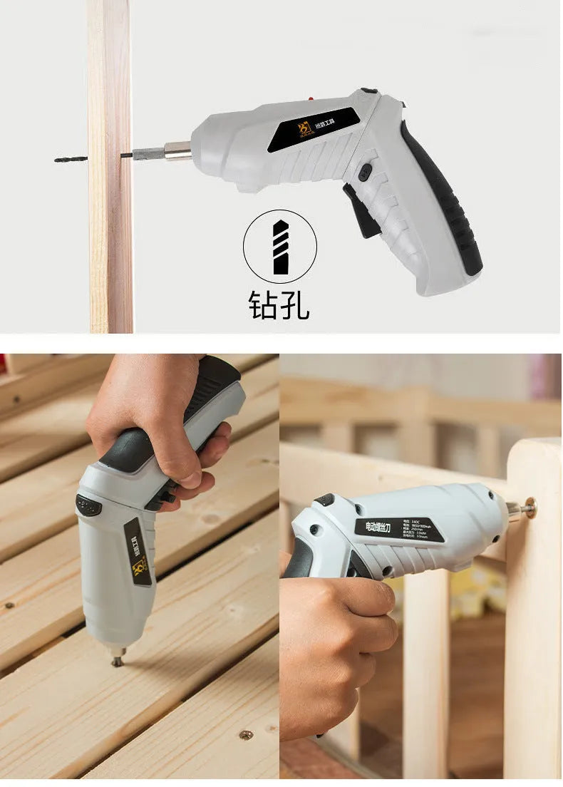 Compact black rechargeable screwdriver with pistol grip and set of driver bits for furniture assembly.