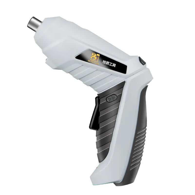 Compact black rechargeable screwdriver with pistol grip and set of driver bits for furniture assembly.