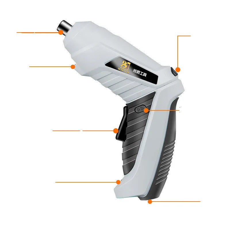 Compact black rechargeable screwdriver with pistol grip and set of driver bits for furniture assembly.