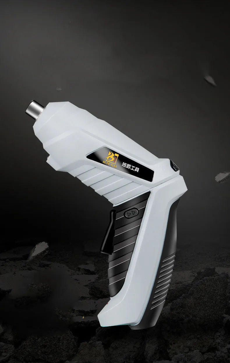 Compact black rechargeable screwdriver with pistol grip and set of driver bits for furniture assembly.