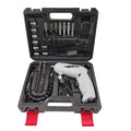 Compact black rechargeable screwdriver with pistol grip and set of driver bits for furniture assembly.