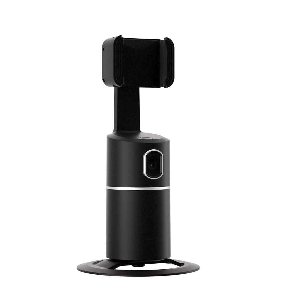 Black smart phone gimbal stabiliser showing 360-degree rotation on a table.