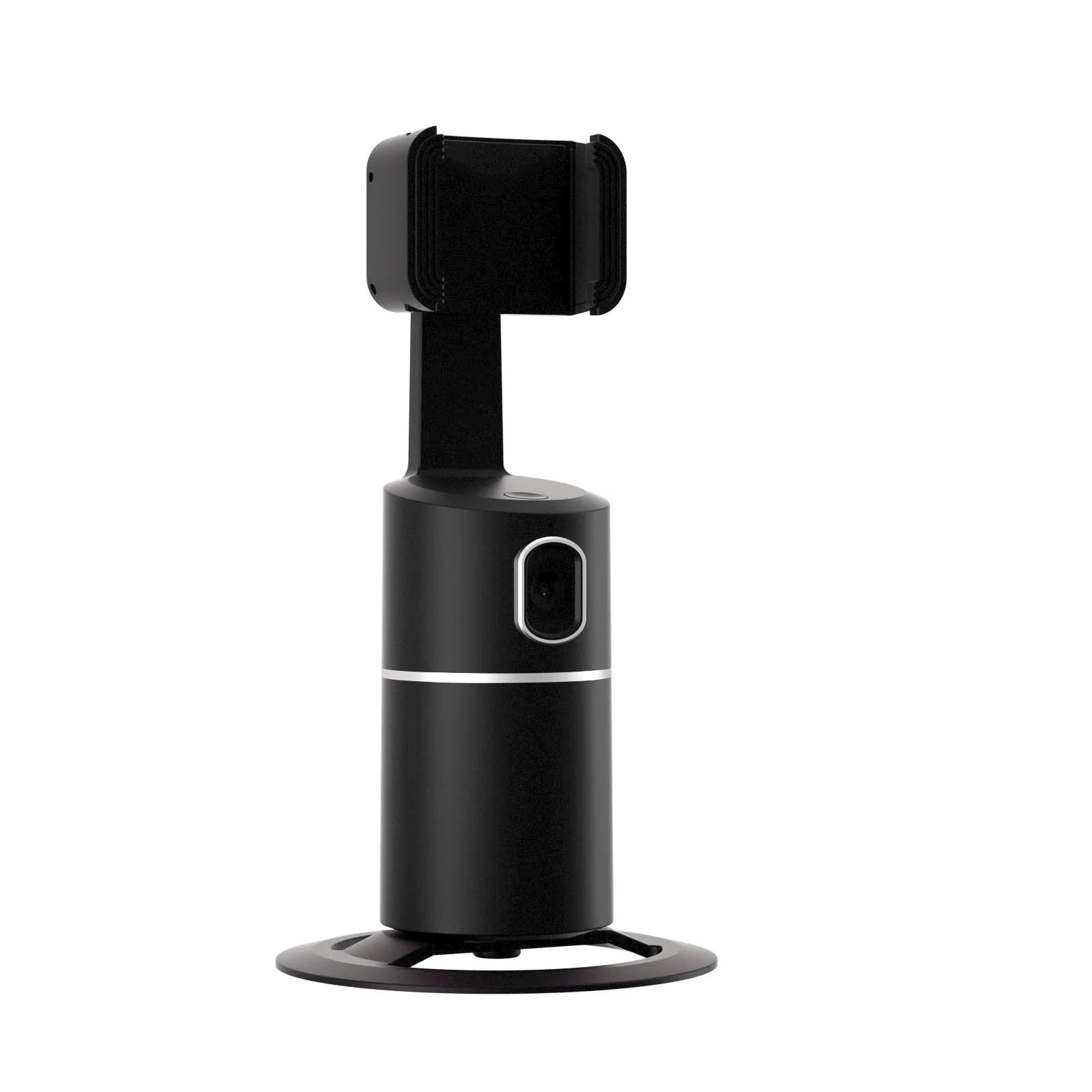 Black smart phone gimbal stabiliser showing 360-degree rotation on a table.