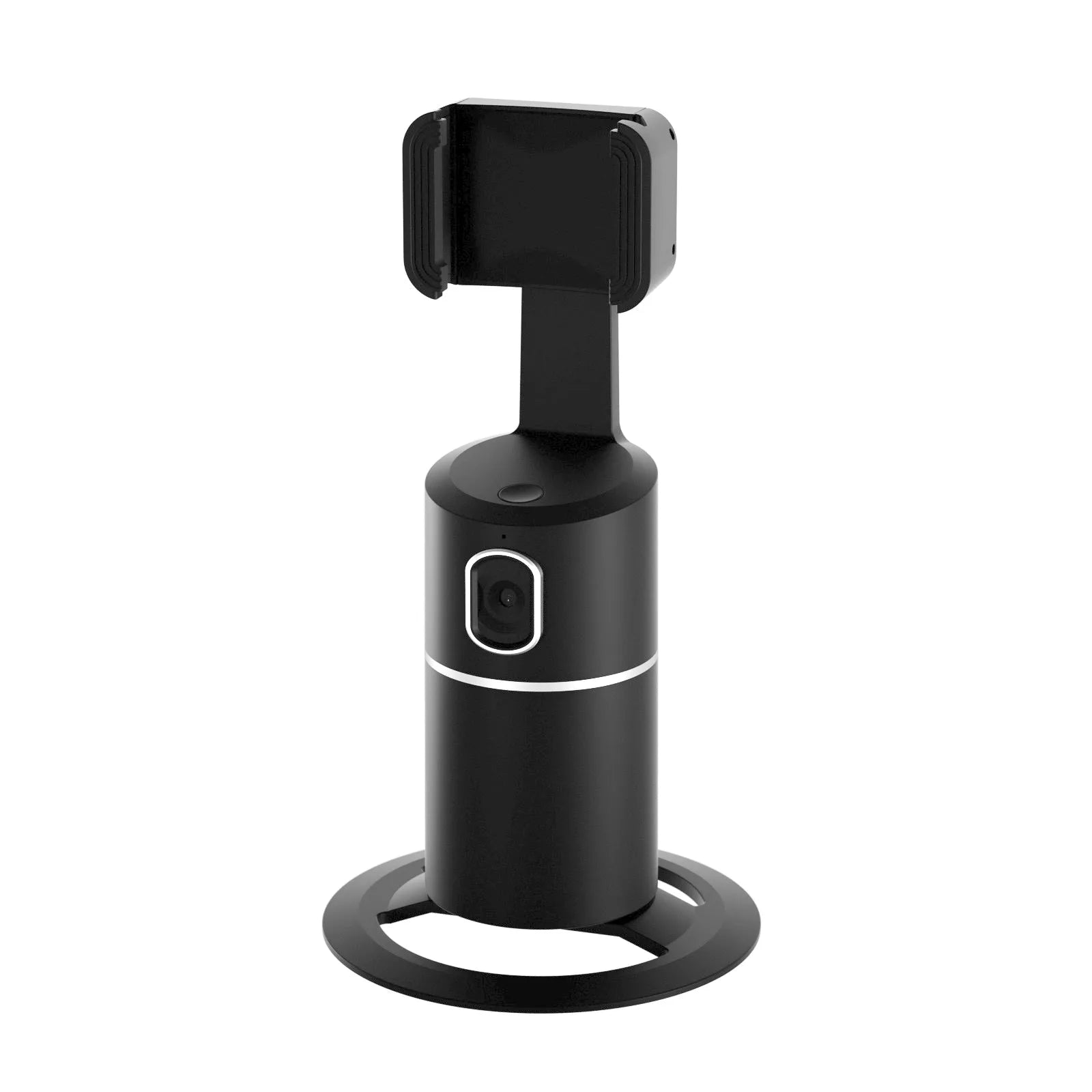 Black smart phone gimbal stabiliser showing 360-degree rotation on a table.