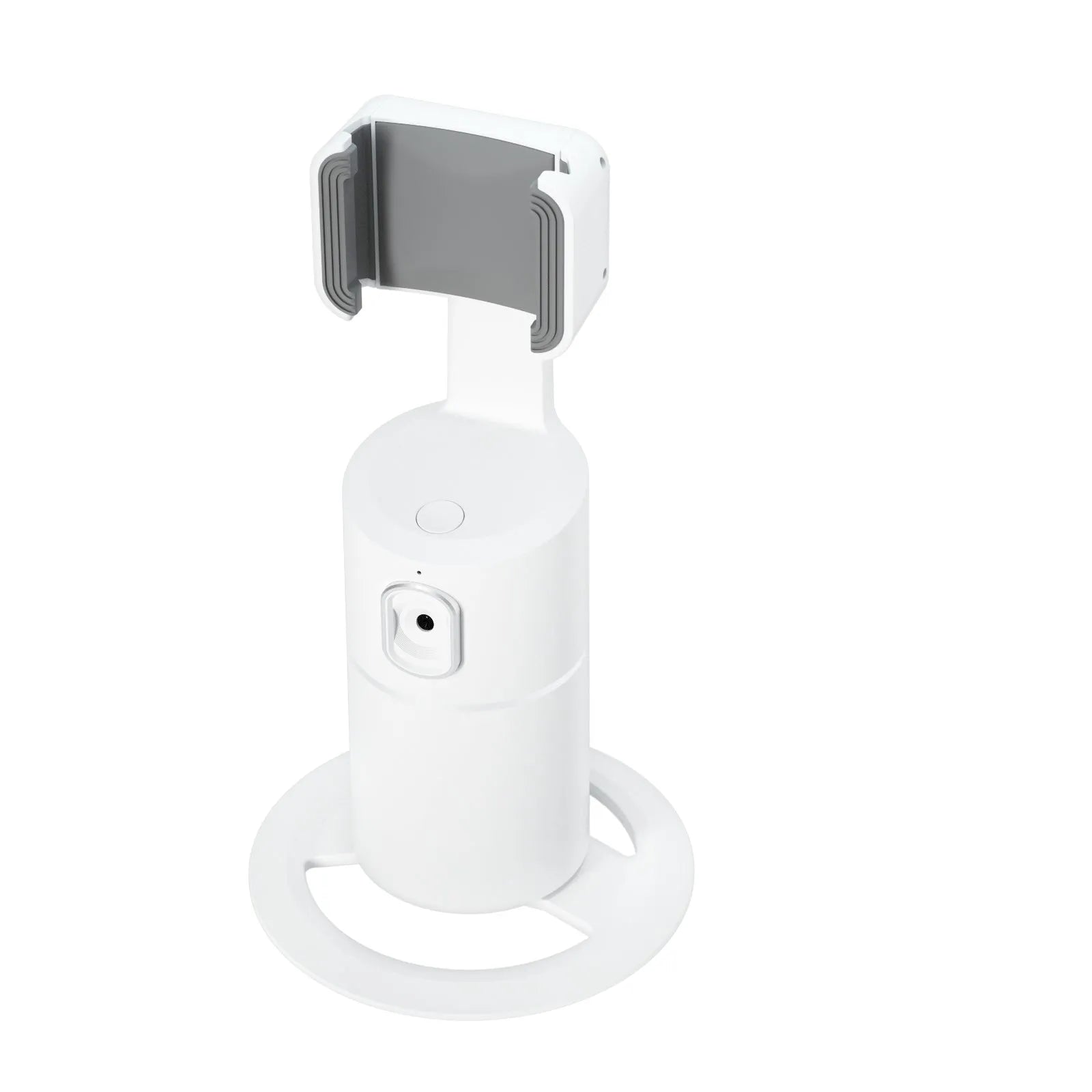 Black smart phone gimbal stabiliser showing 360-degree rotation on a table.