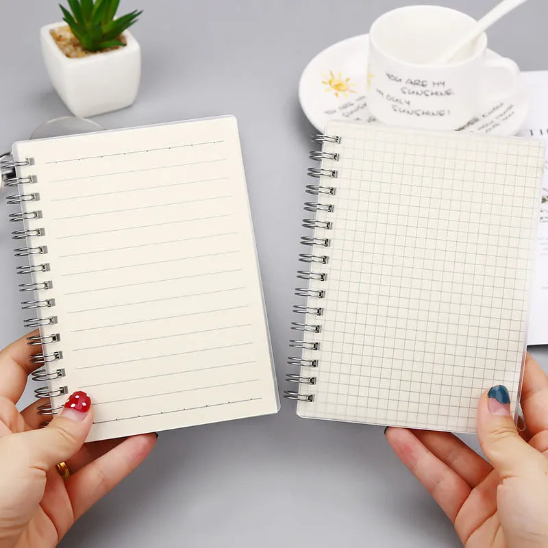 Coil-bound notebook with horizontal line and dot matrix grid pages in A5 size.