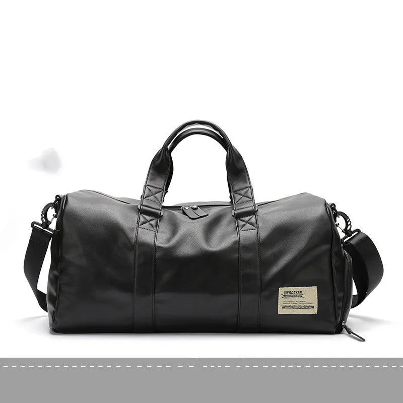 Black PU leather sports training bag showing internal organiser pockets for laptop and phone.