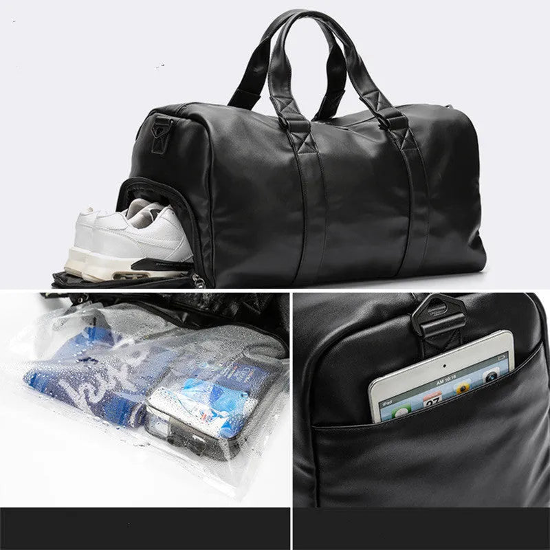 Black PU leather sports training bag showing internal organiser pockets for laptop and phone.