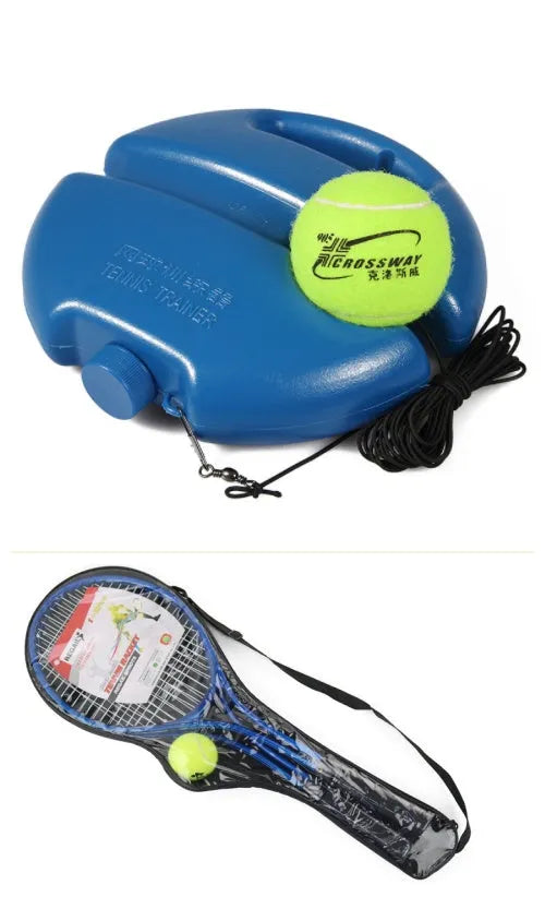 Tennis training device with rope and ball on base for solo rebound practice