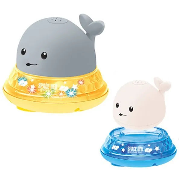 Grey and white whale bath toy with water spray, LED lights, and automatic water-sensing activation