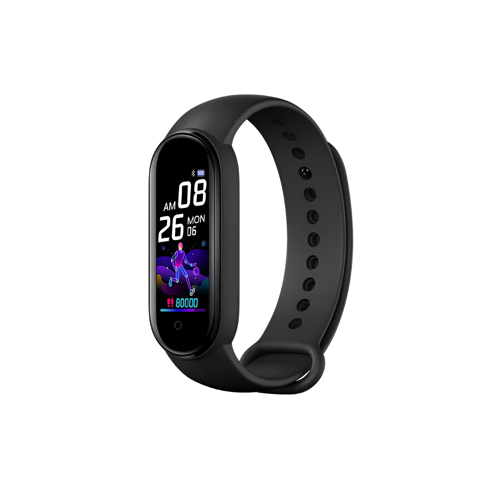 M5 smart sports bracelet in black, blue or red on a wrist, showing the 0.96-inch touch screen displaying heart rate data.