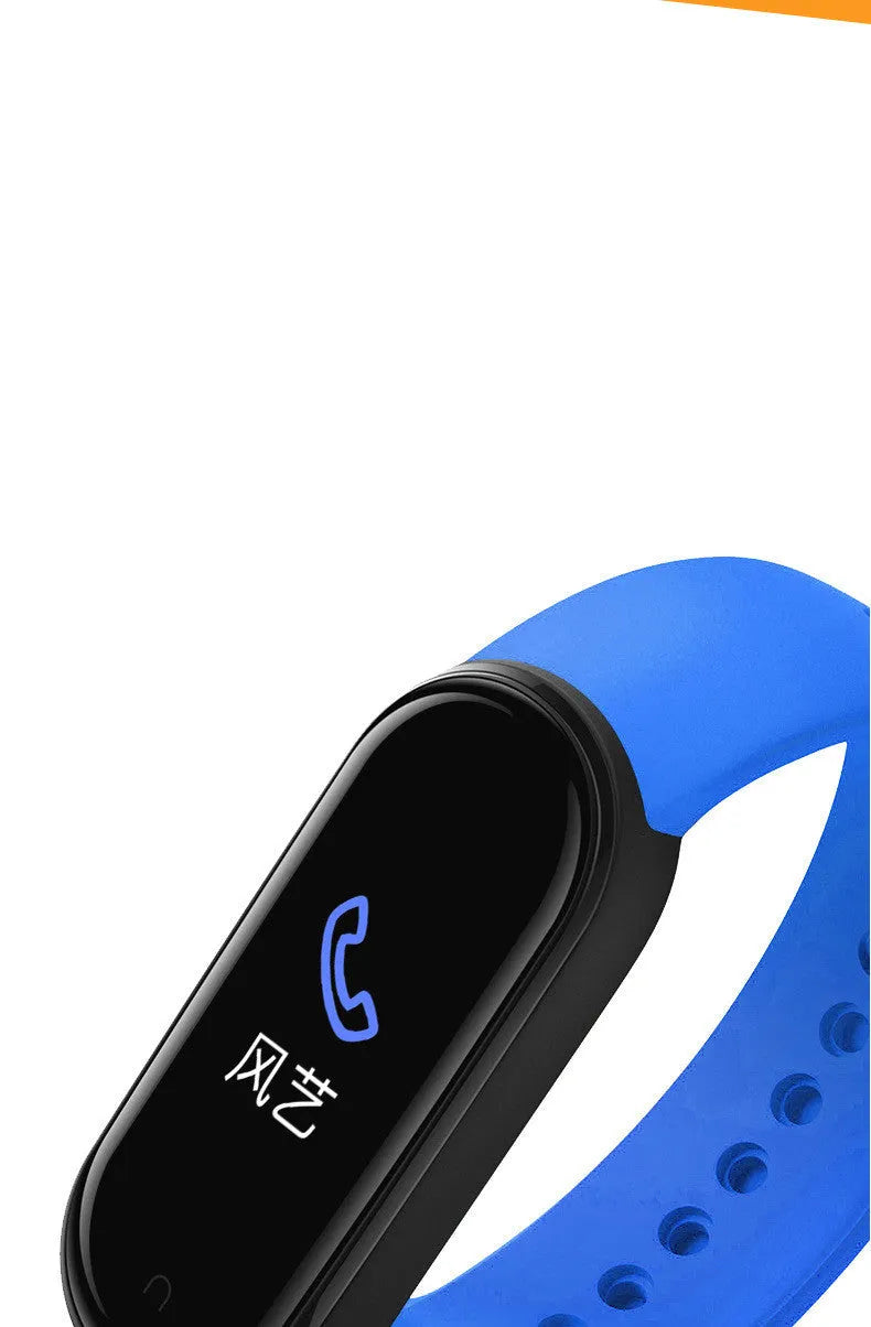 M5 smart sports bracelet in black, blue or red on a wrist, showing the 0.96-inch touch screen displaying heart rate data.