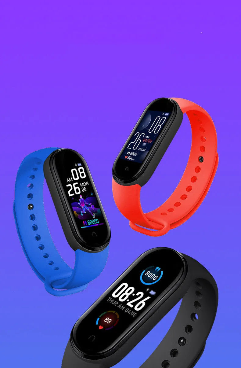 M5 smart sports bracelet in black, blue or red on a wrist, showing the 0.96-inch touch screen displaying heart rate data.