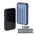 Blue magnetic wireless power bank with 5000mAh capacity for iPhone 12 charging.
