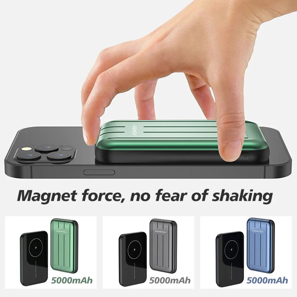 Blue magnetic wireless power bank with 5000mAh capacity for iPhone 12 charging.