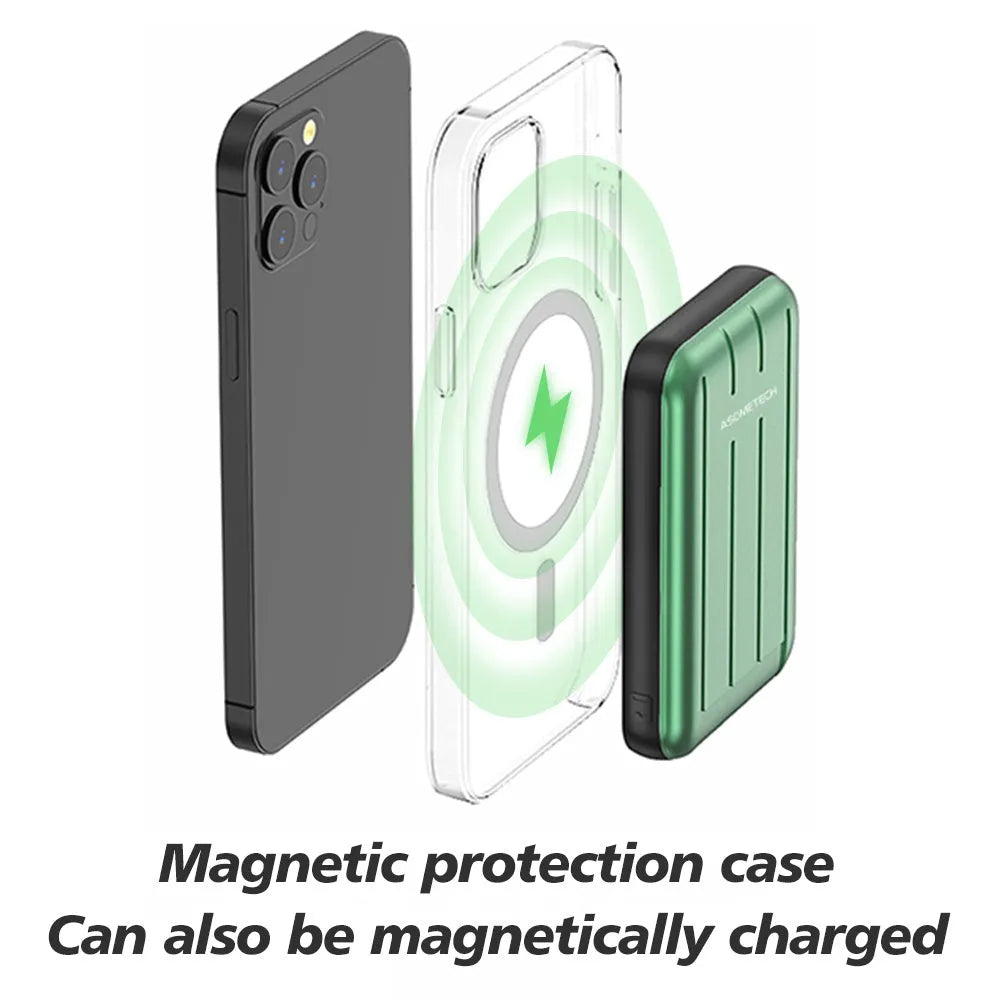 Blue magnetic wireless power bank with 5000mAh capacity for iPhone 12 charging.