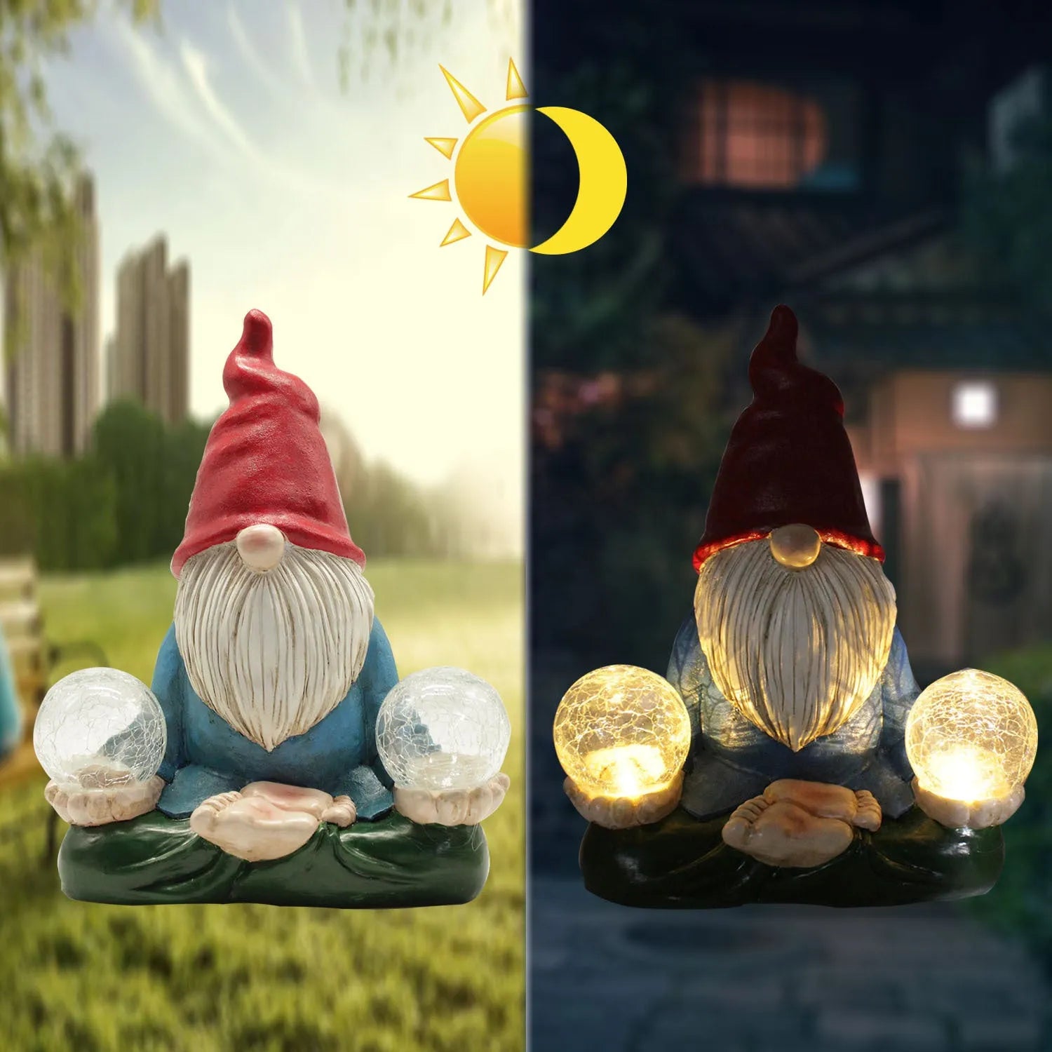 Solar LED resin dwarf garden statue with faceless old man design, 27cm tall outdoor ornament