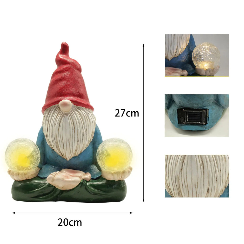 Solar LED resin dwarf garden statue with faceless old man design, 27cm tall outdoor ornament