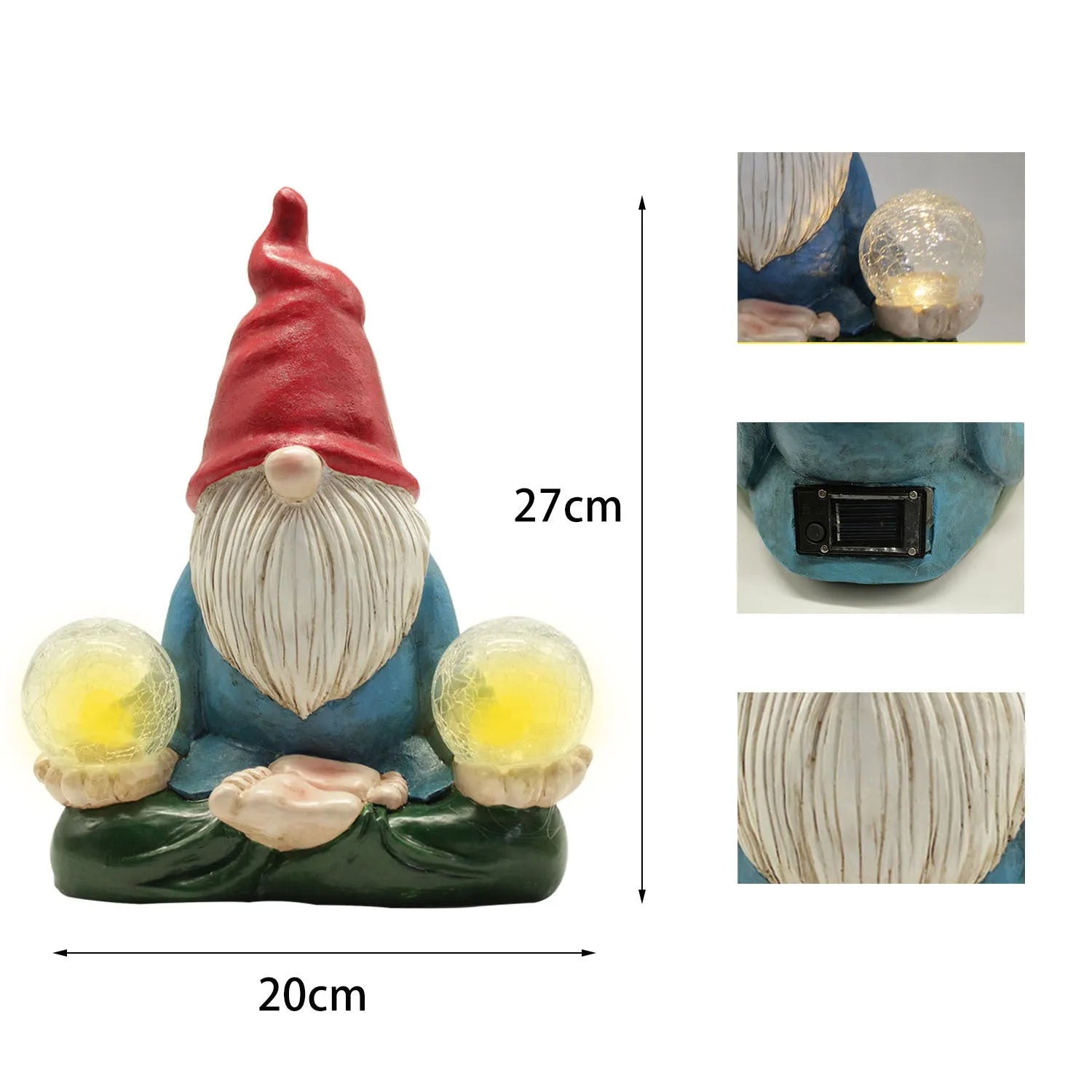 Solar LED resin dwarf garden statue with faceless old man design, 27cm tall outdoor ornament